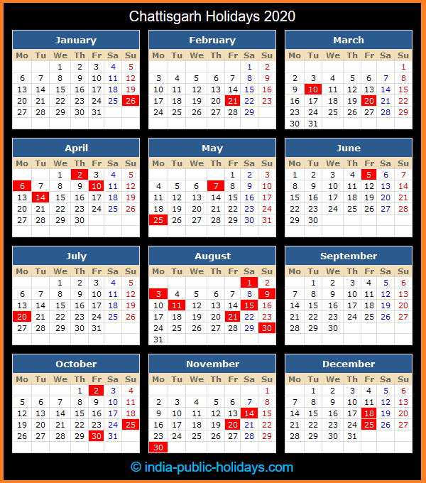Chattisgarh Holiday Calendar 2020